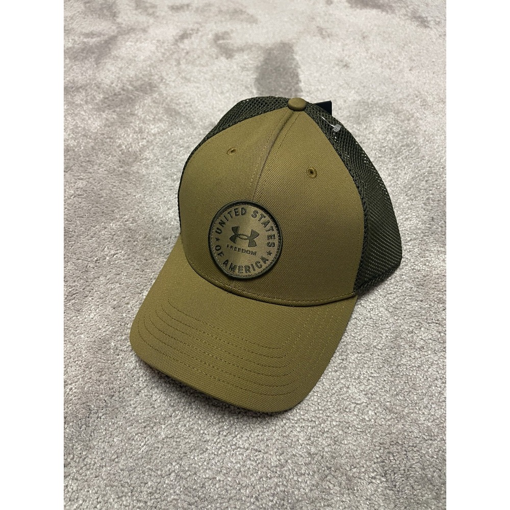 Under Armour Freedom Trucker Hat Mens Olive Green Mesh Snapback Cap NEW